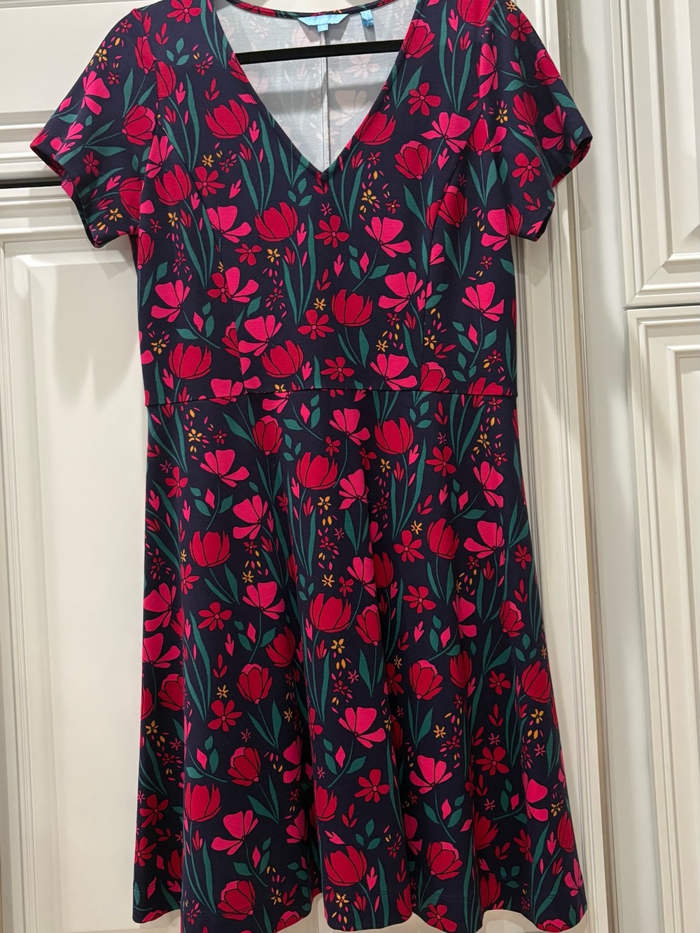 Draper James Navy Floral V-Neck Dress with Pink Tulips